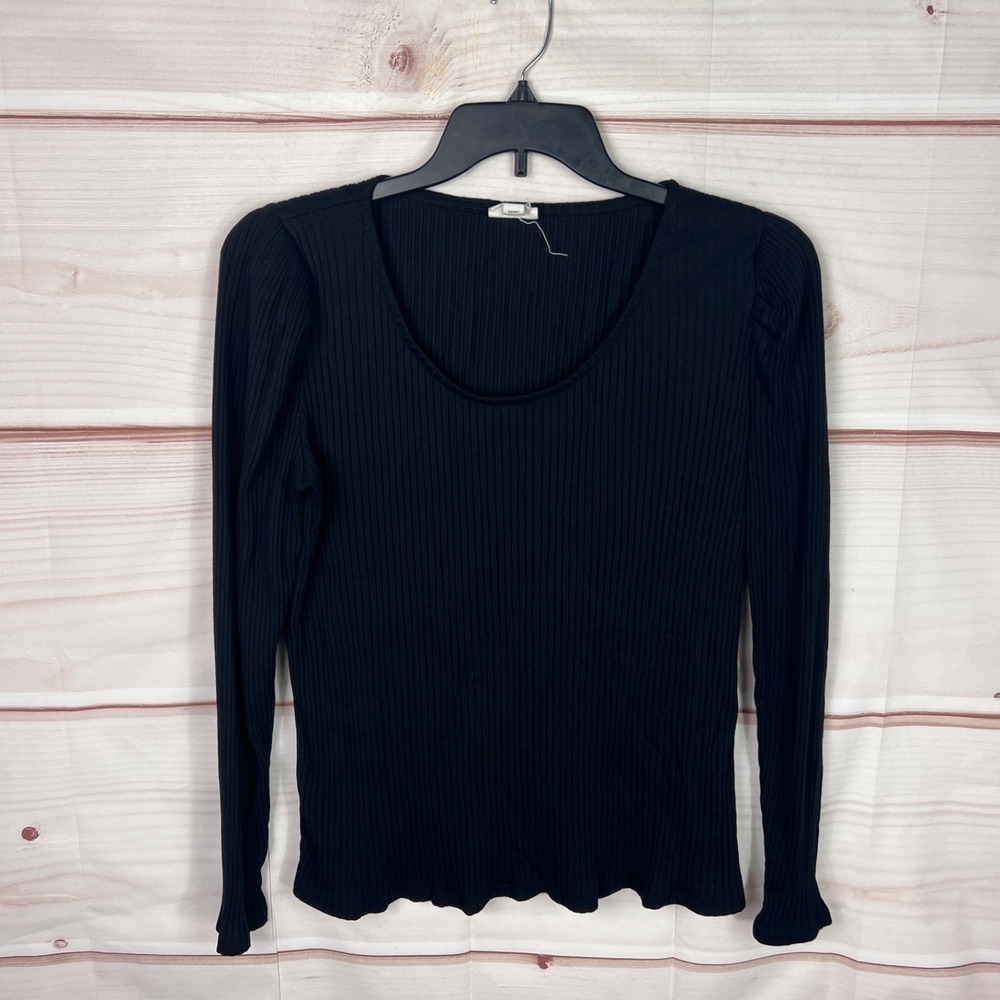 A New Approach Top Womens XXL Black Puff Sleeve T-Shirt Ribbed‎ Knit Scoop Neck